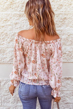Load image into Gallery viewer, Pink Off The Shoulder Puff Sleeve Ruffled Floral Print Blouse

