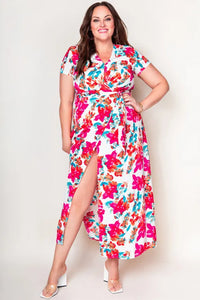 Size 2x Rose Plus Size Floral Print Wrap Slit Dress